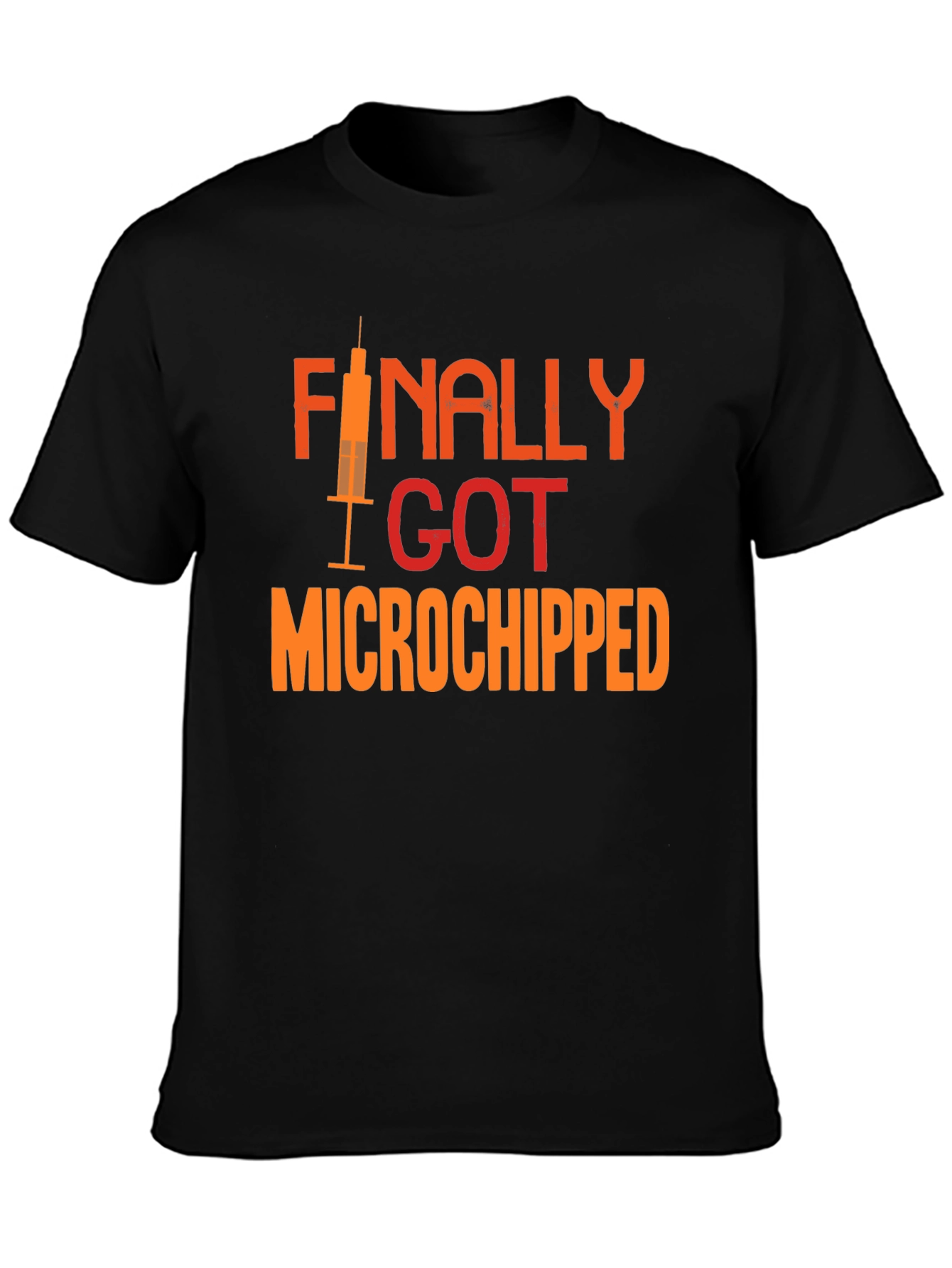 Black Finally Microchipped T-Shirt: Funny Vaccine Tee view 3