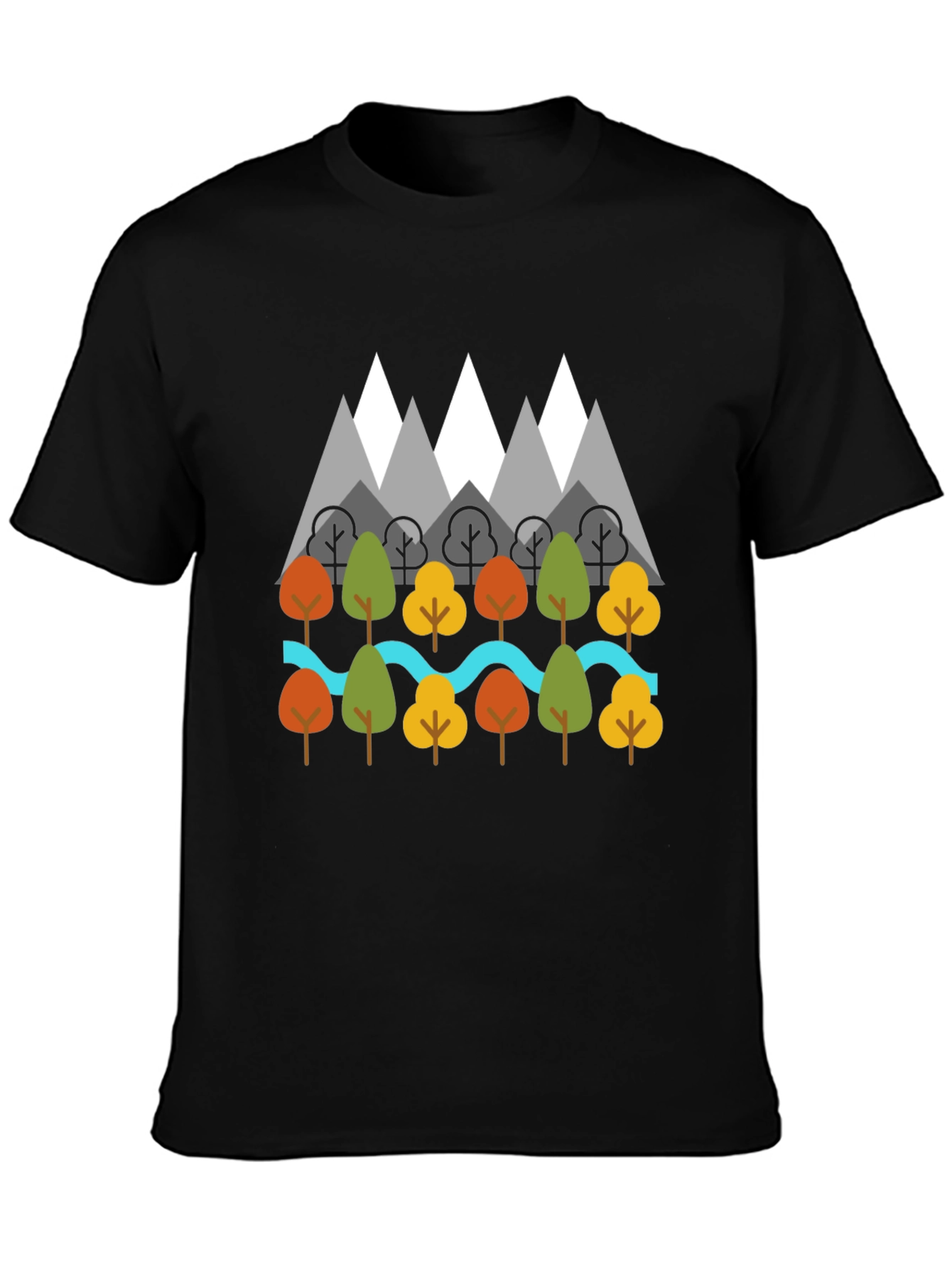 Black Nature Graphic T-Shirt - Mountains, Trees, River Design view 3