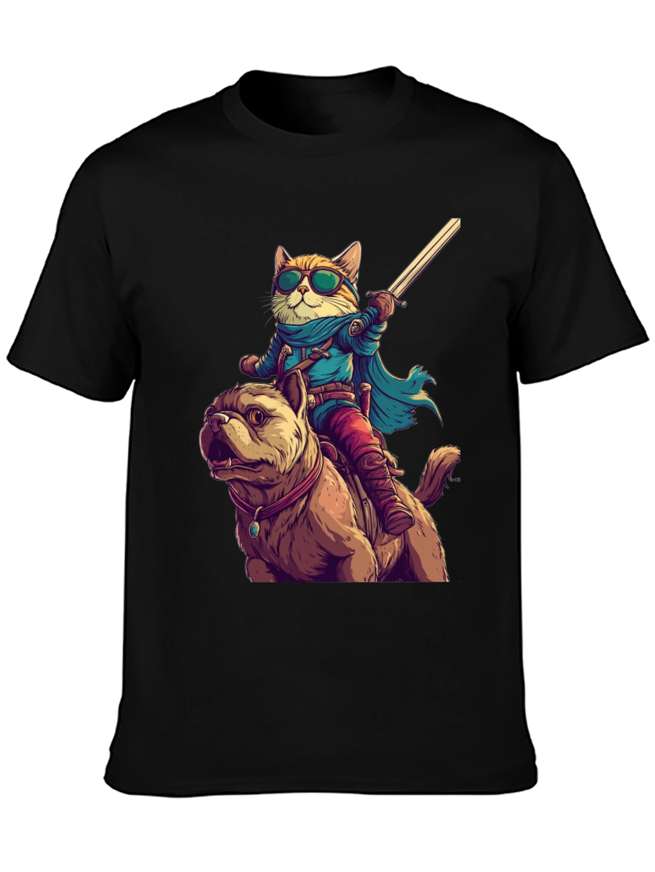 Black Cat Riding Dog T-Shirt - Novelty Cartoon Tee view 3