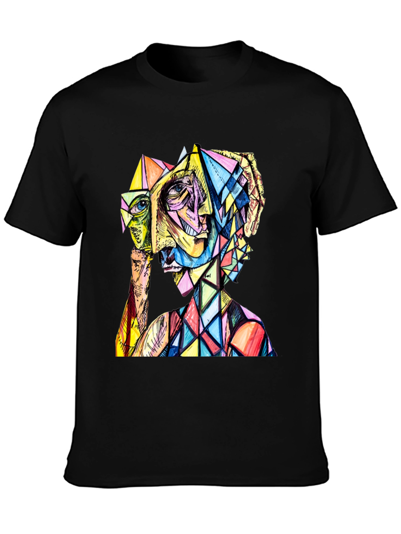 Black Abstract Geometric Face Graphic Tee view 3