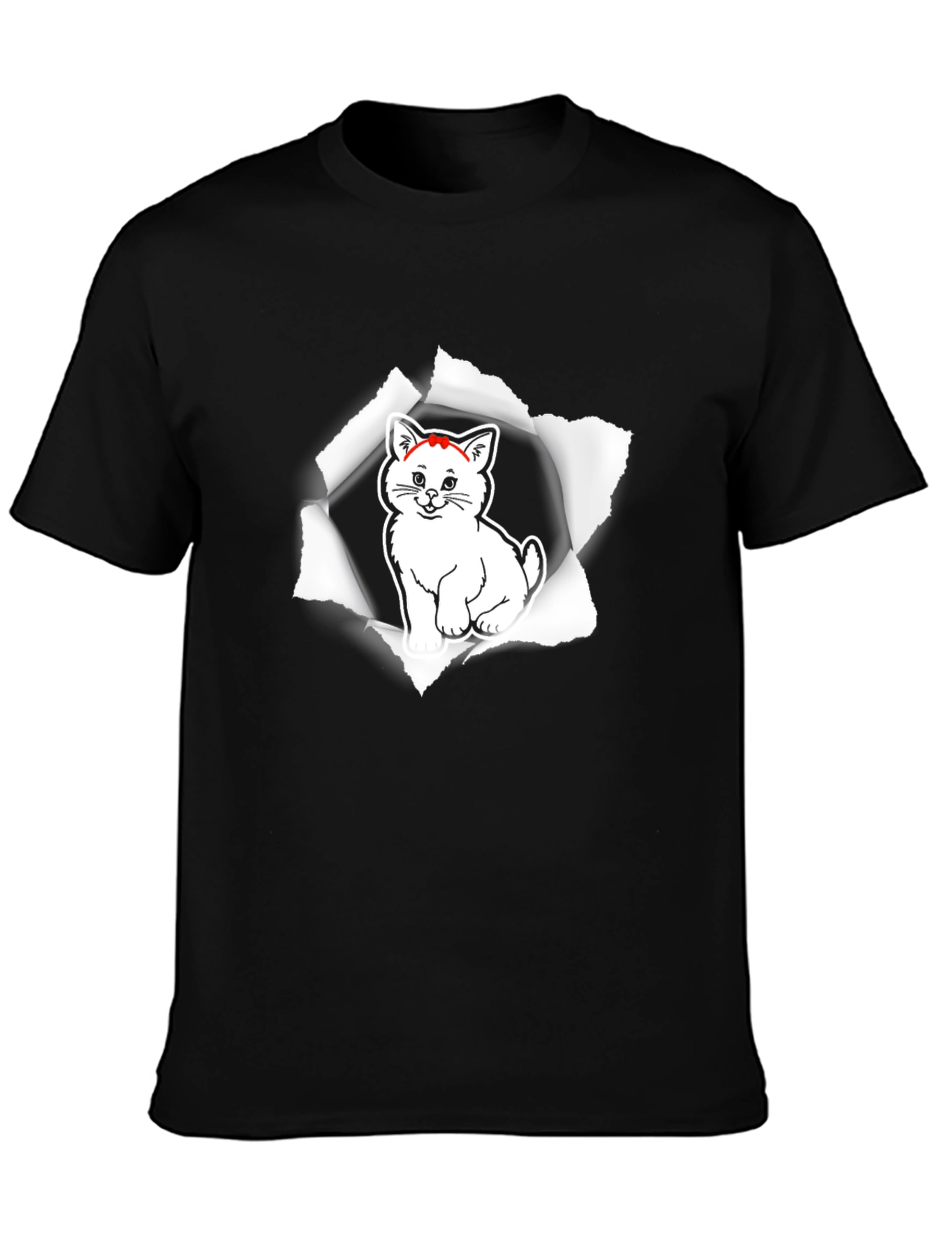 Black Men's Black T-Shirt with Cat Graphic view 3