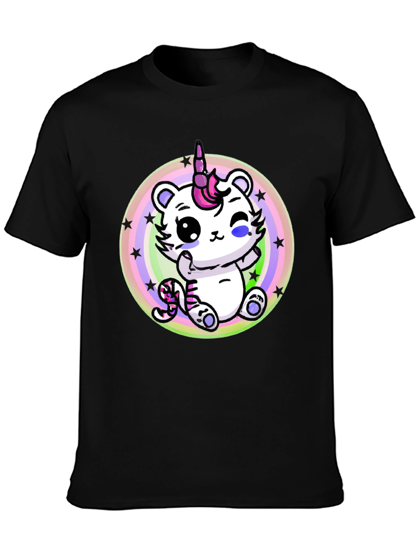 Black Cute Unicorn Cat T-Shirt - Black Cotton Tee view 3