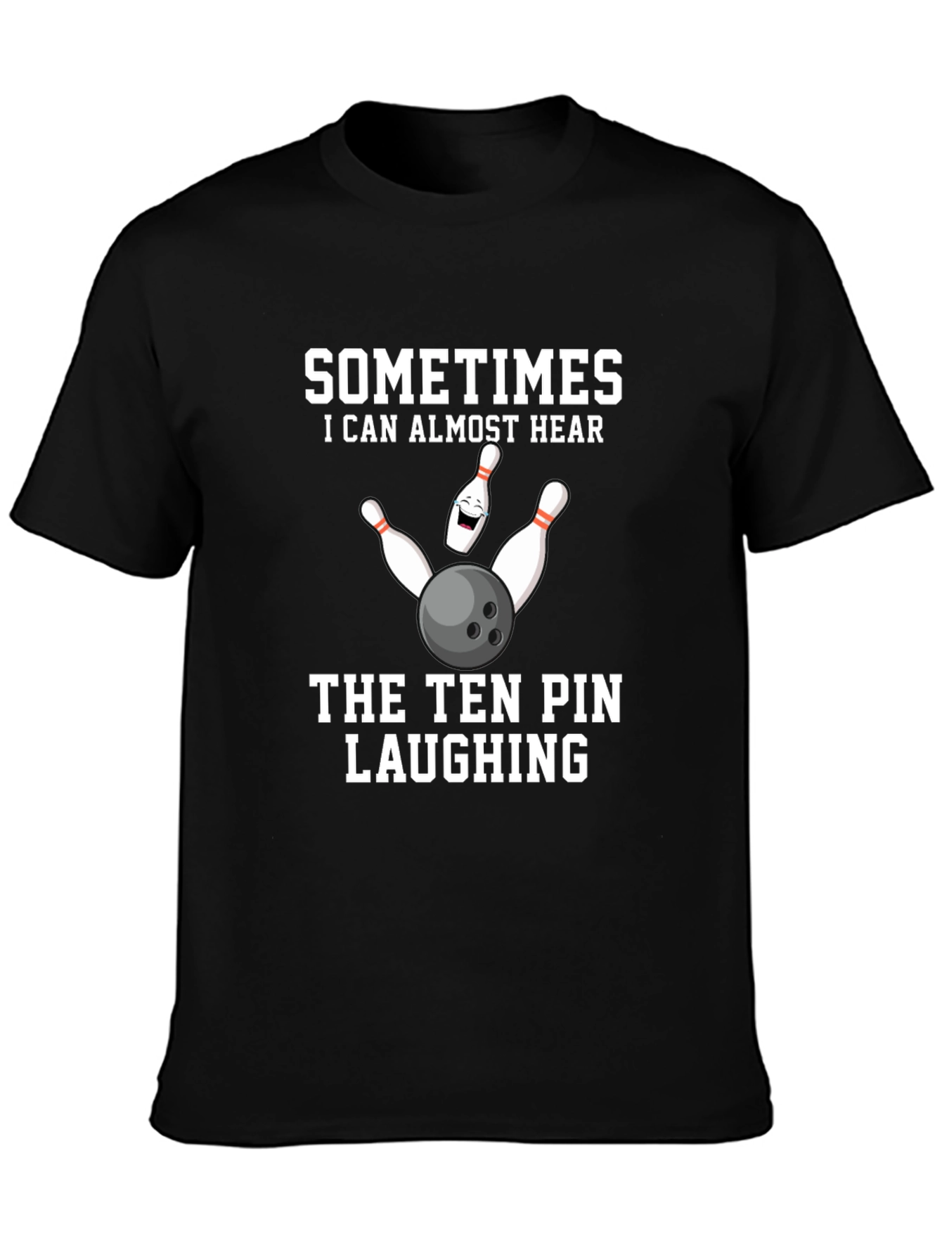 Black Funny Bowling T-Shirt: Ten Pin Laughing Design view 3