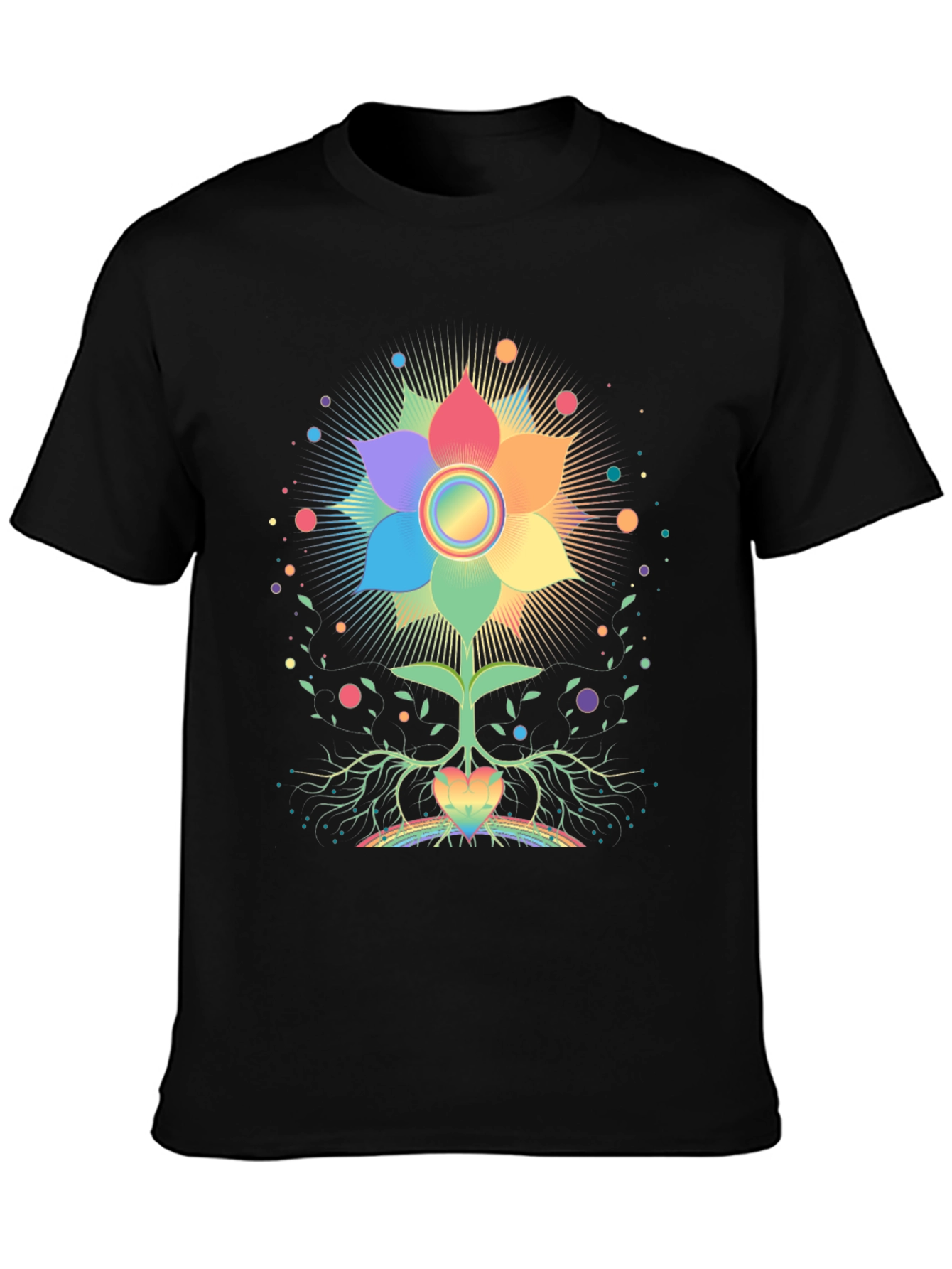 Black Rainbow Flower Chakra Tree Black T-Shirt view 3