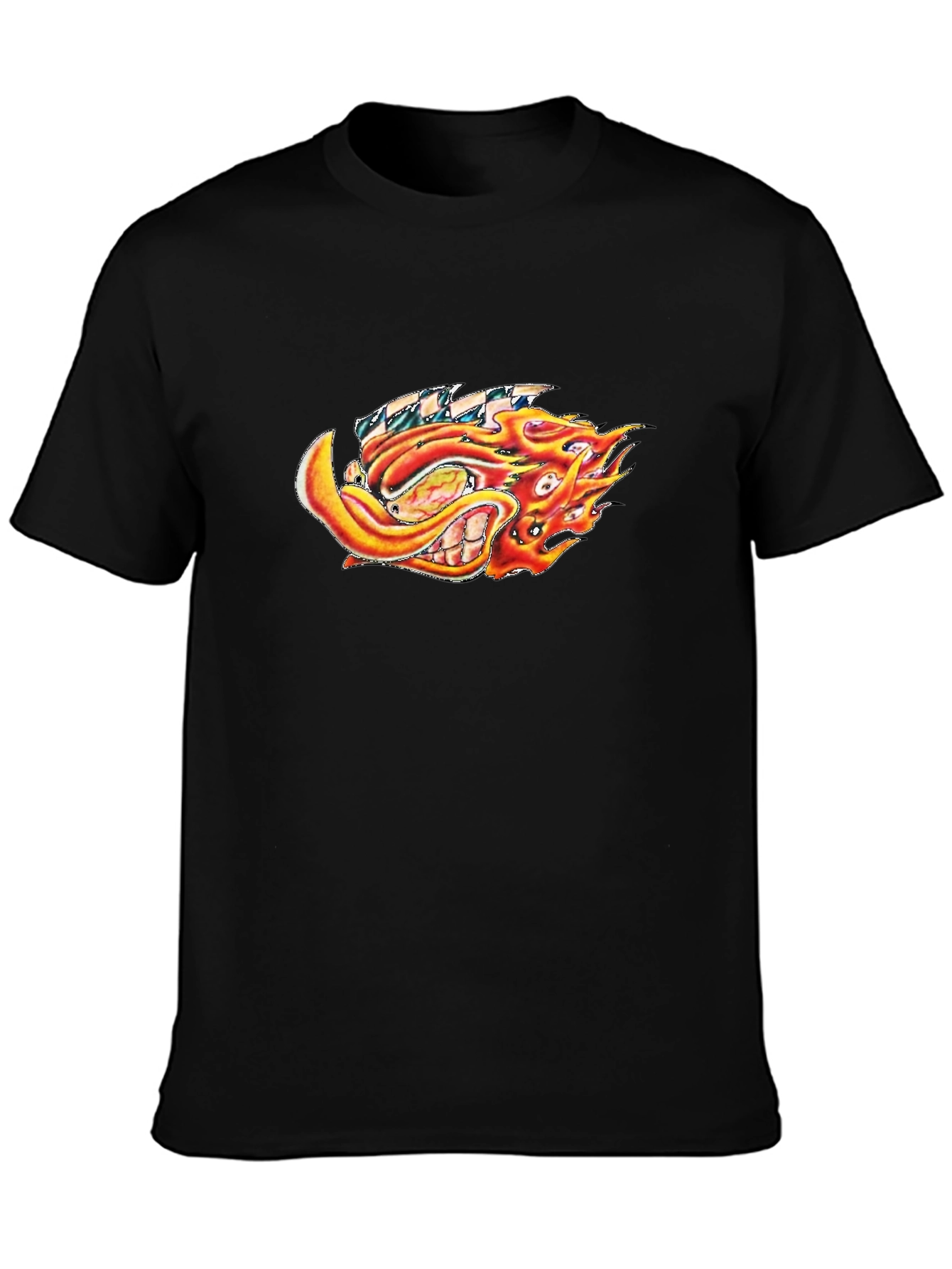 Black Fiery Cartoon Graphic Black T-Shirt view 3