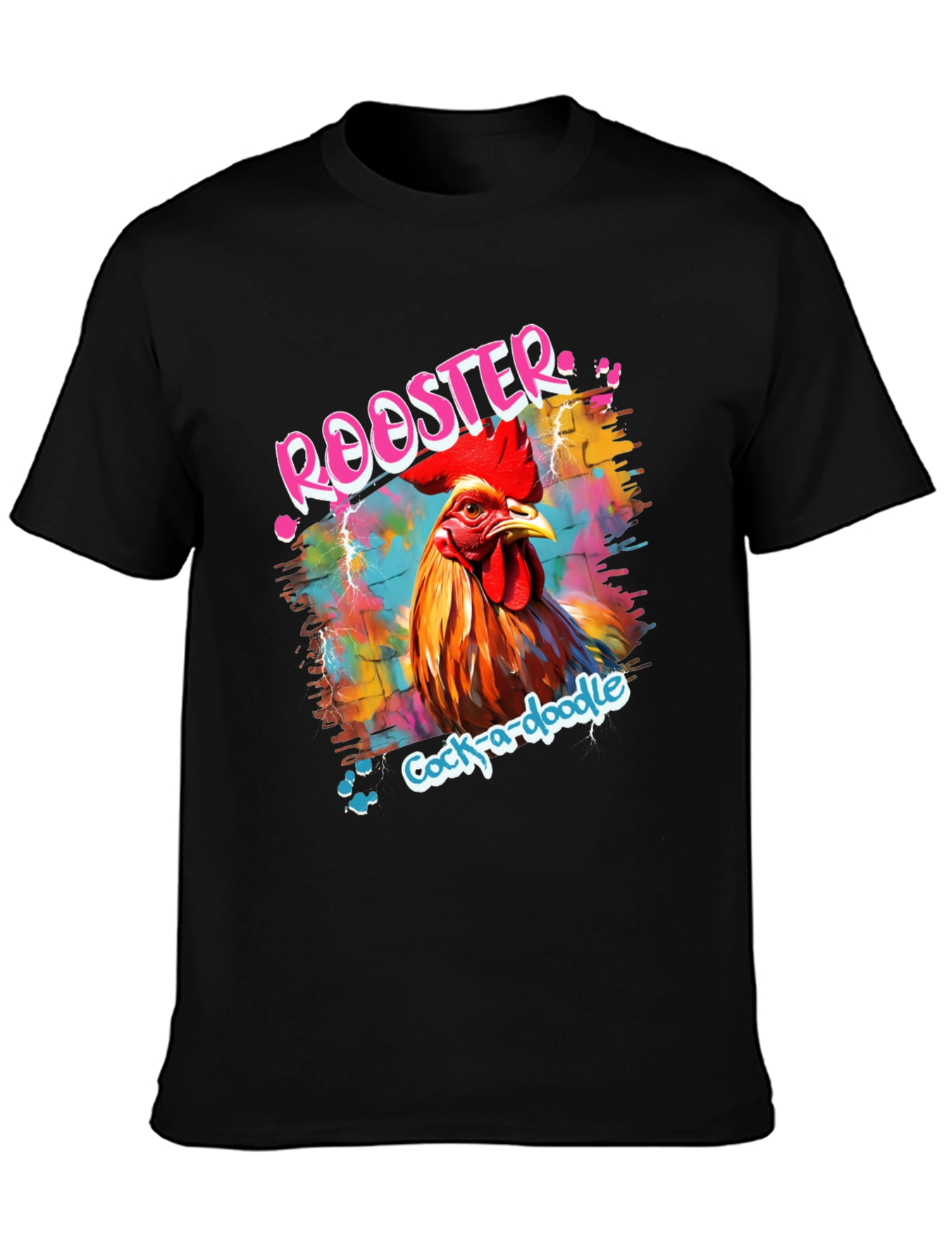 Black Rooster Graphic Tee - Men's Colorful Cock-a-doodle Shirt view 3