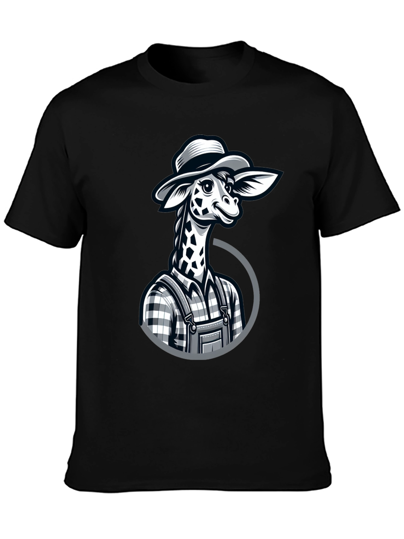Black Giraffe Farmer Graphic Tee - Novelty Cartoon Animal Shirt view 3