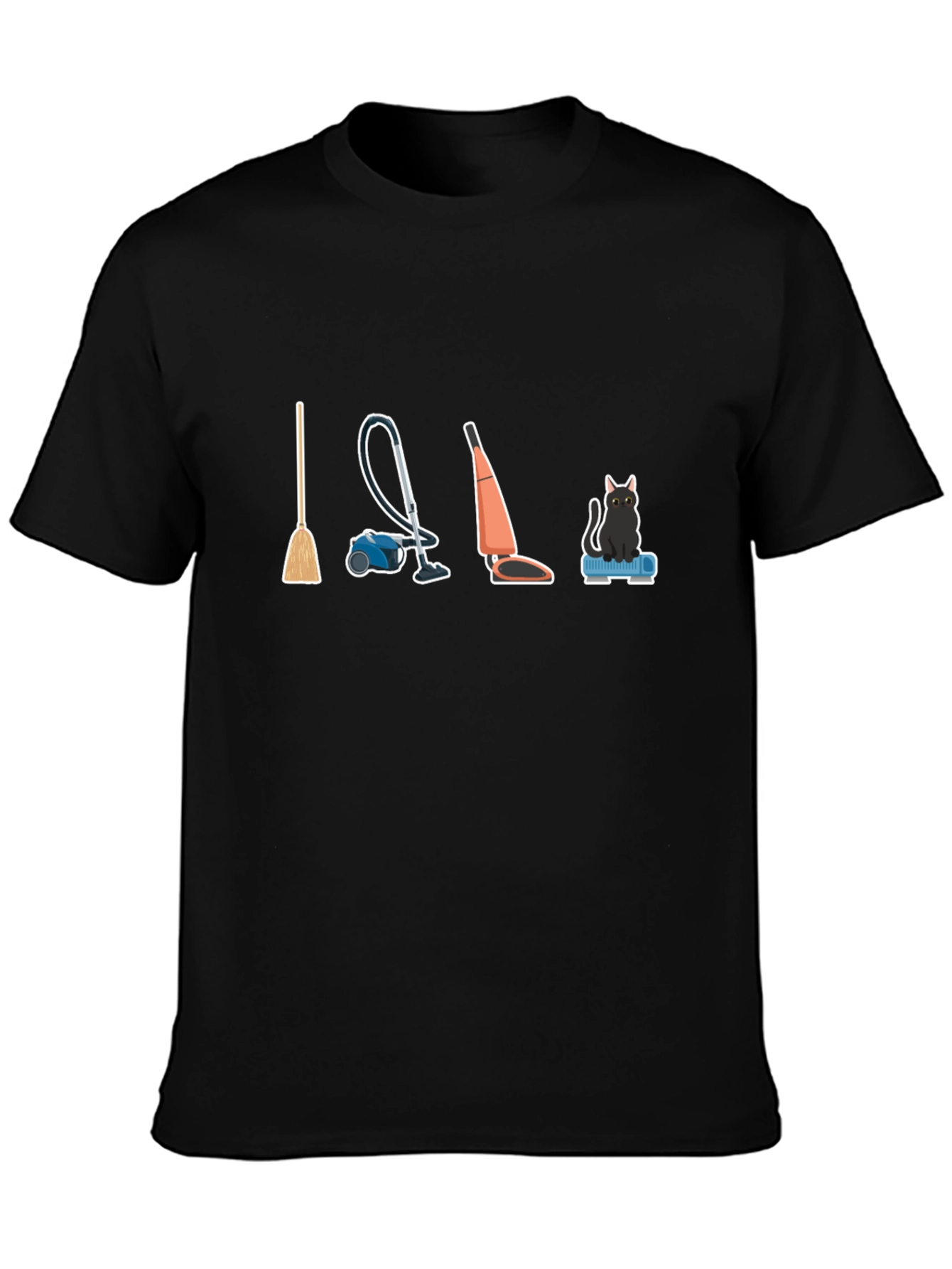 Black Cleaning Crew T-Shirt: Broom, Vacuum, and Cat view 3