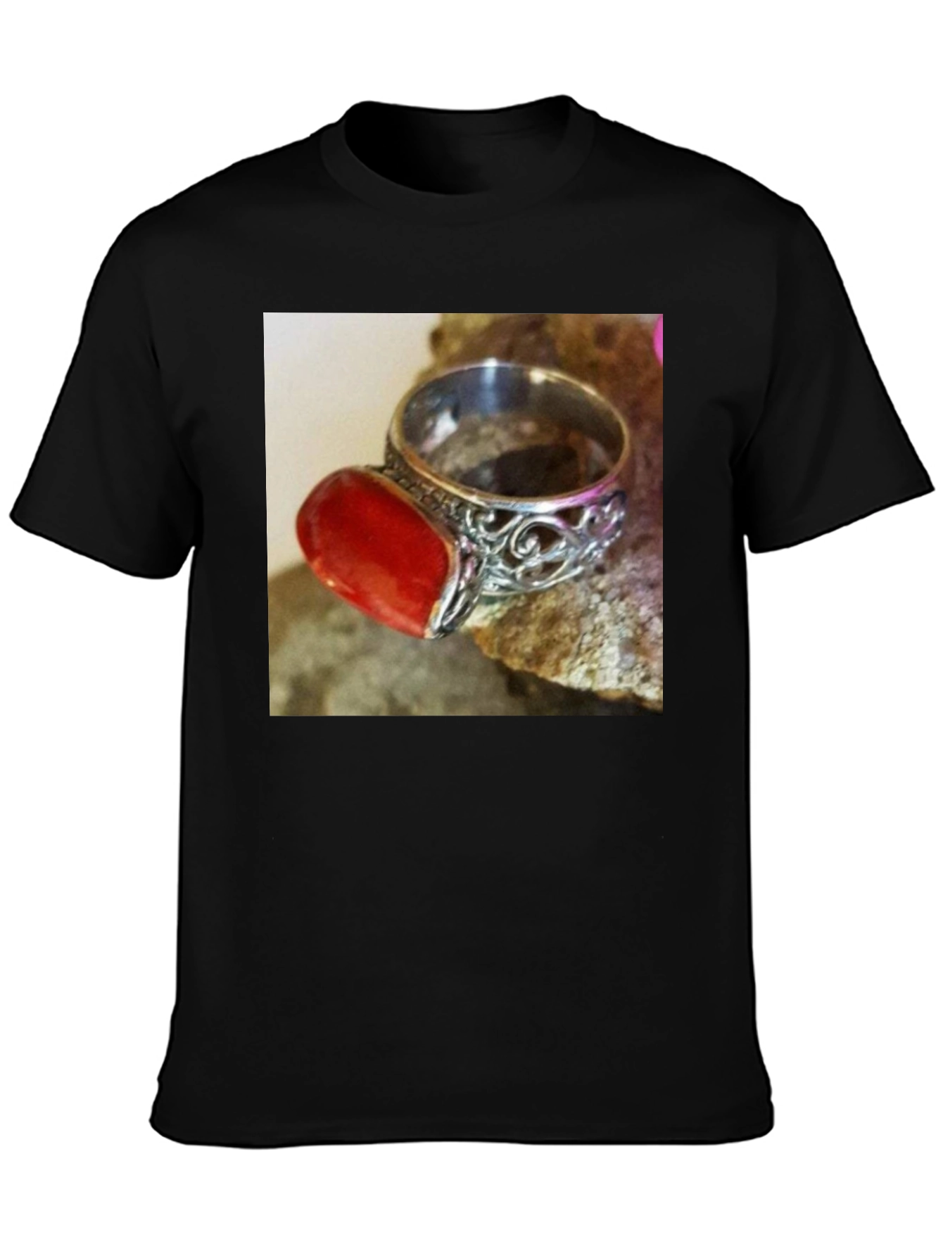 Black Coral Gemstone Ring on Black T-Shirt view 3