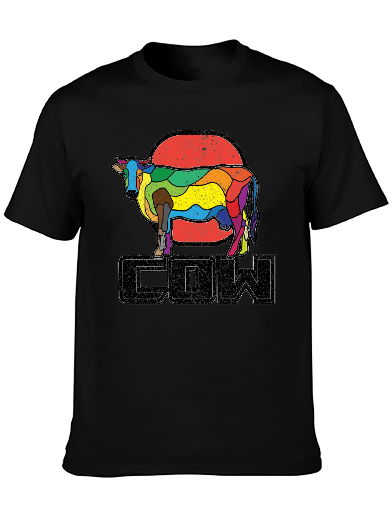 Black Retro Rainbow Cow Graphic T-Shirt view 3