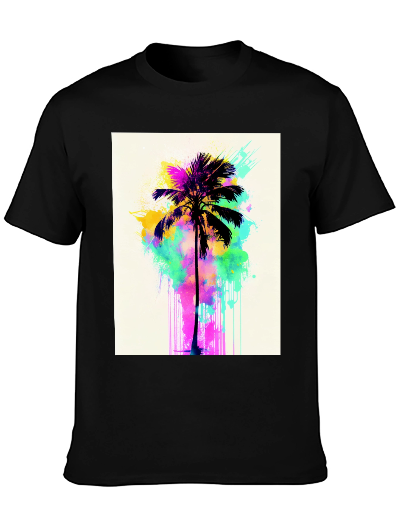 Black Vibrant Palm Tree Graphic Tee - Black Cotton T-Shirt view 3