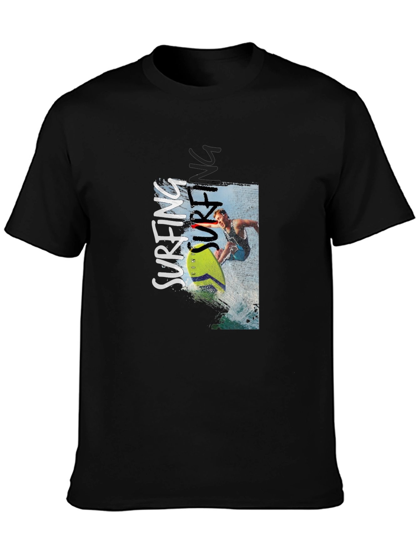 Black Surfing Graphic Print Tee - Black Cotton T-Shirt view 3