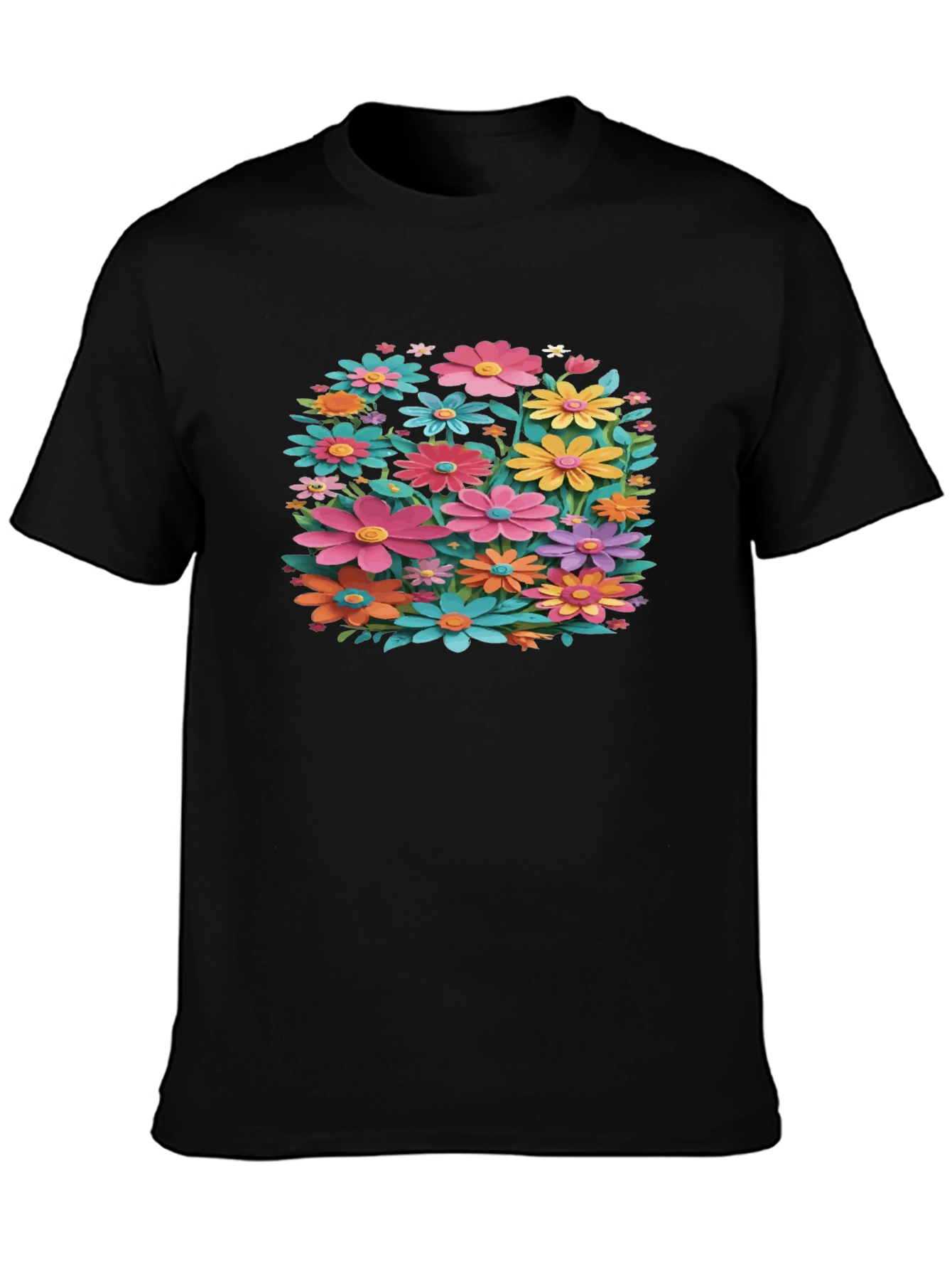 Black Floral T-Shirt - Black, Colorful Flower Design view 3
