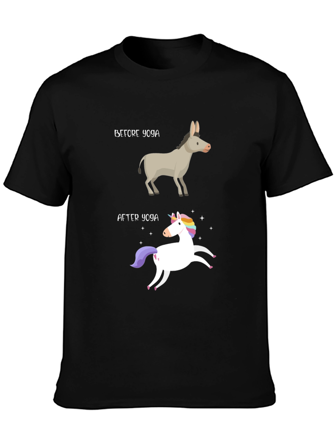 Black Yoga Humor T-Shirt - Donkey to Unicorn Transformation view 3