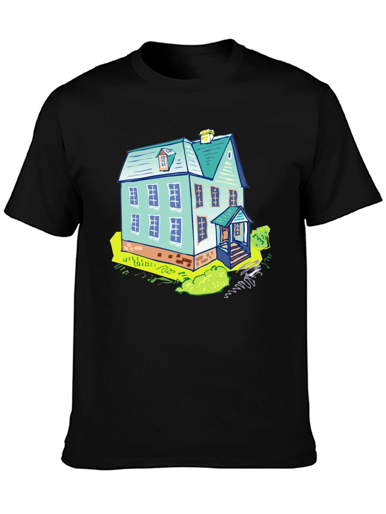 Black Cartoon House Graphic Tee - Black Cotton T-Shirt view 3