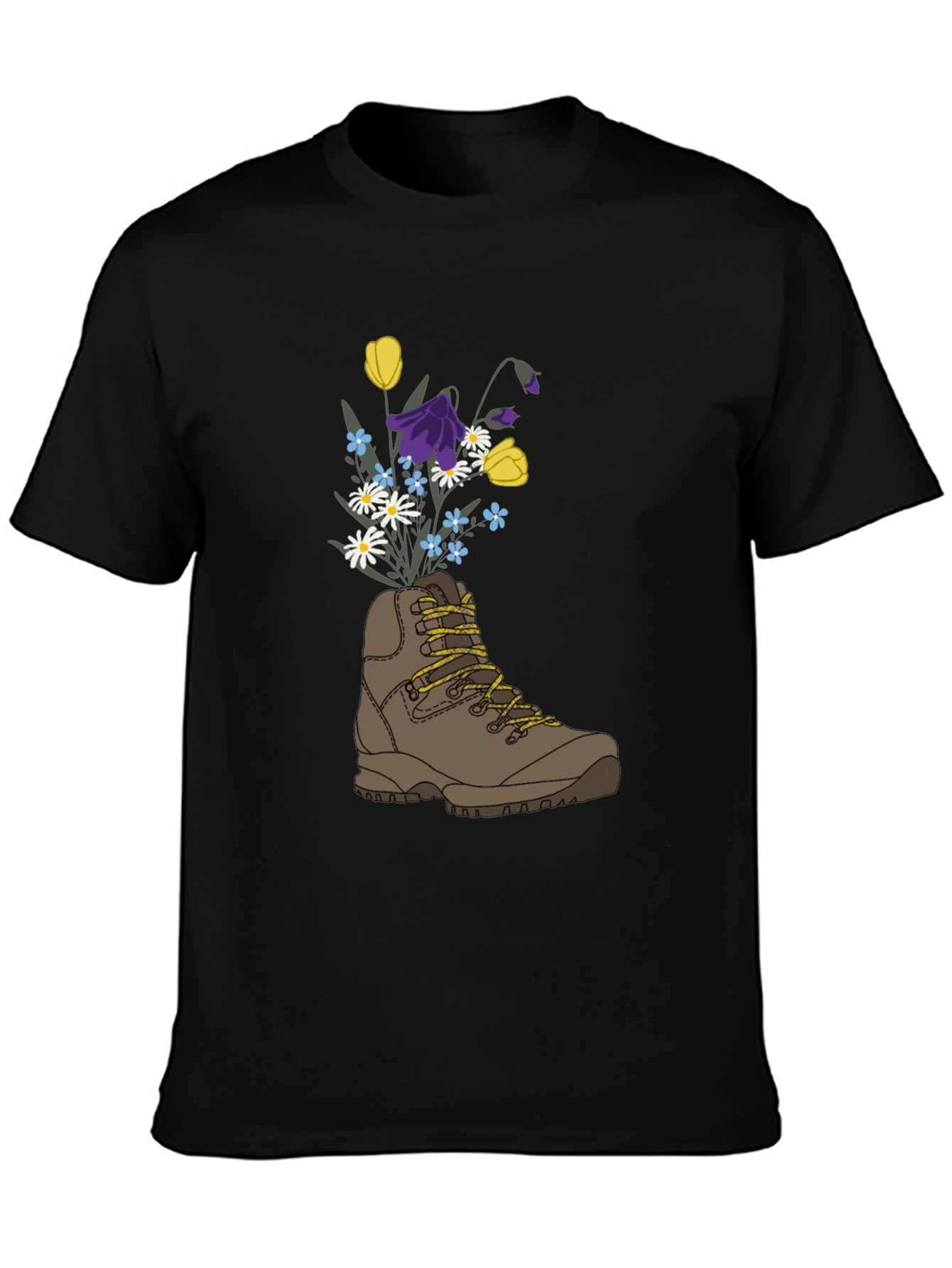 Black Floral Hiking Boot Graphic T-Shirt view 3