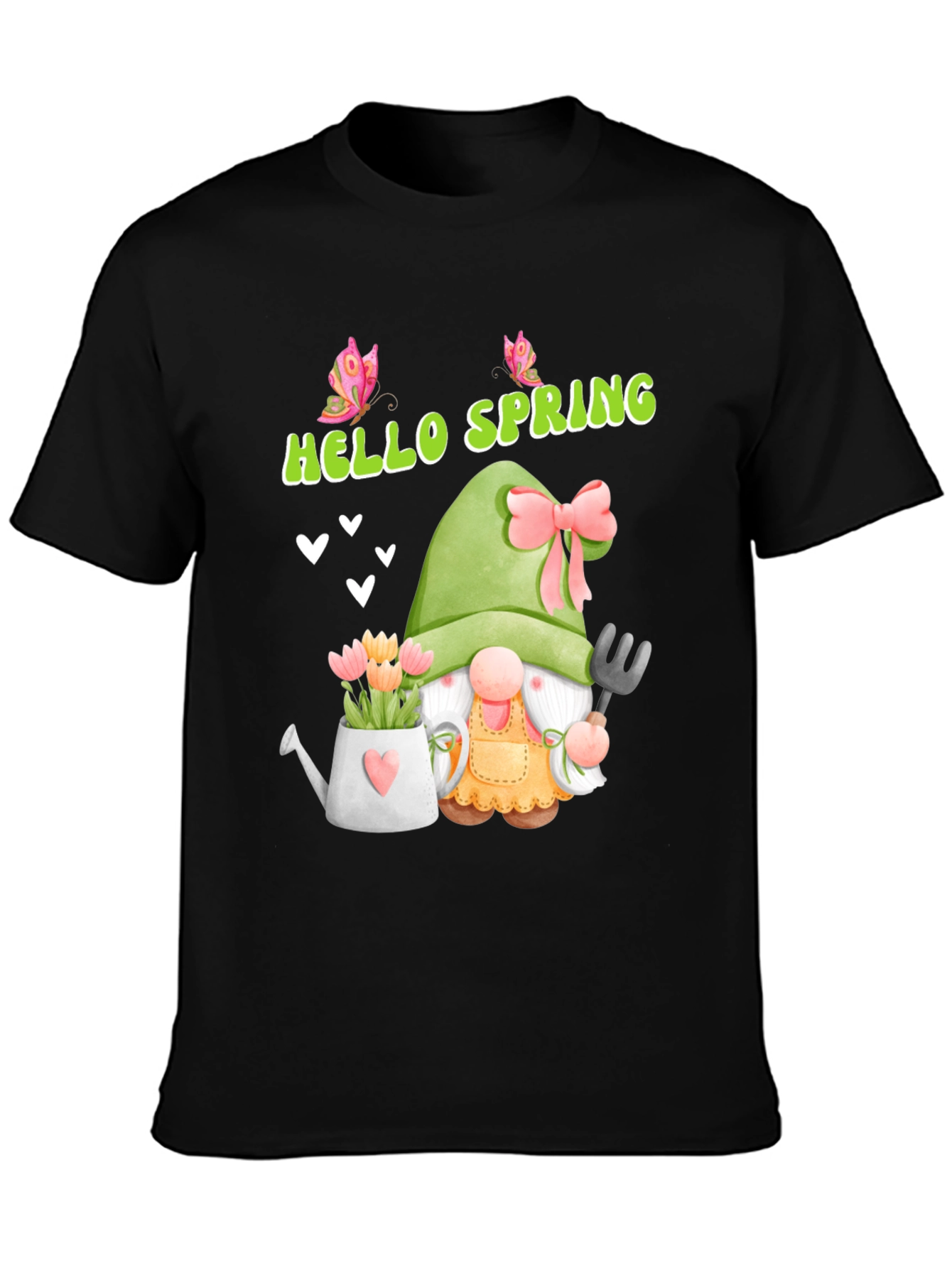 Black Hello Spring Garden Gnome T-Shirt view 3