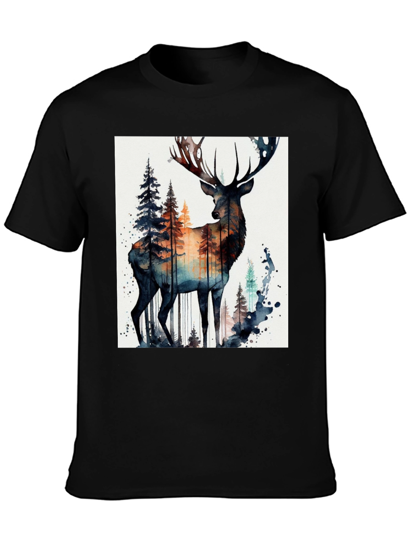 Black Deer Forest Watercolor Graphic Tee view 3