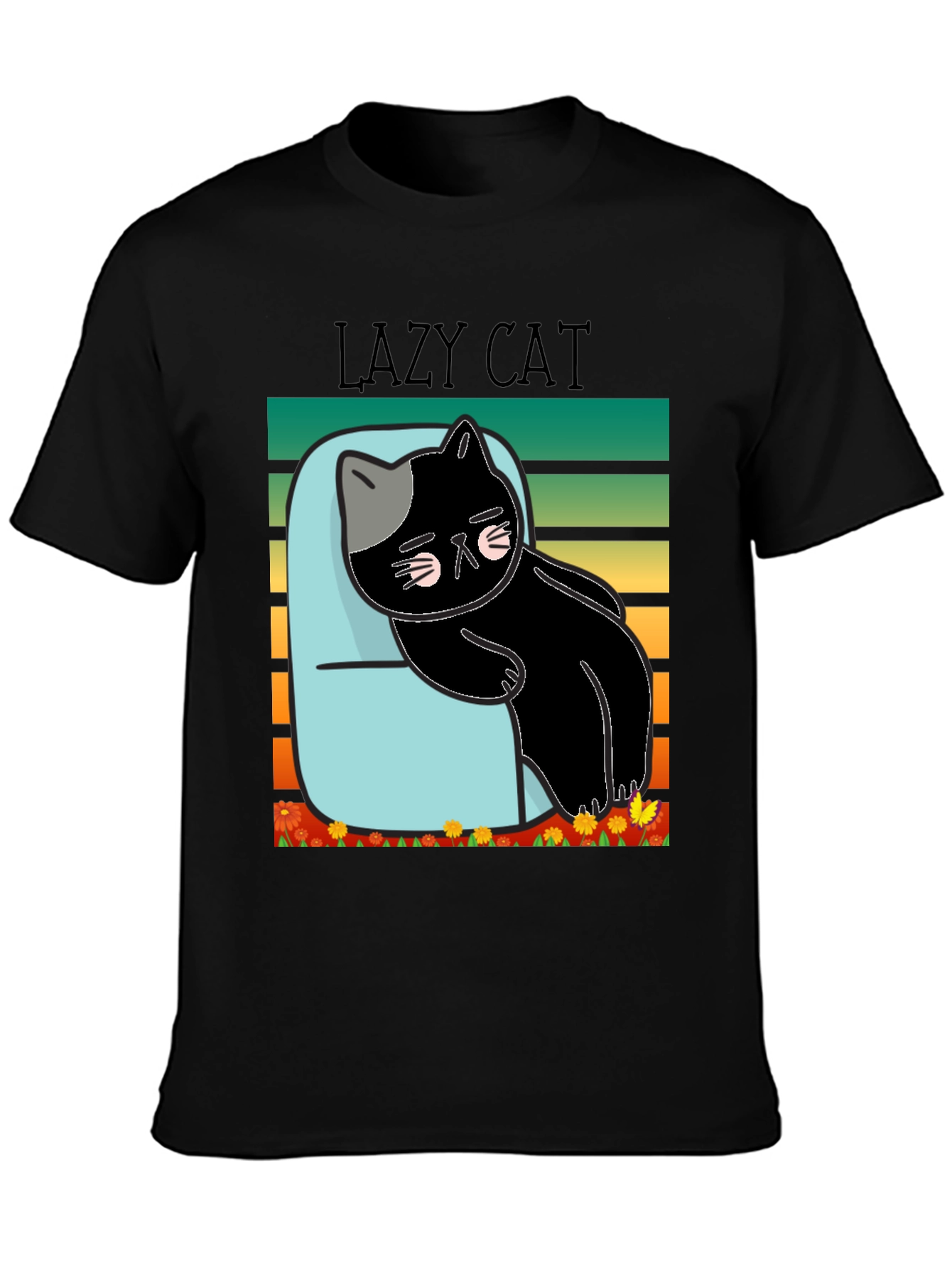 Black Lazy Cat T-Shirt - Black Cotton Tee view 3