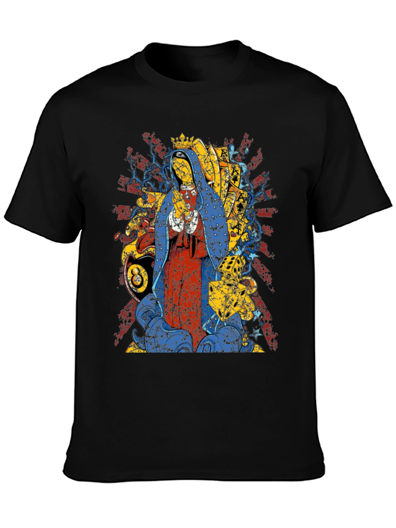 Black Graphic Tee - Virgin Mary & 8 Ball Design view 3