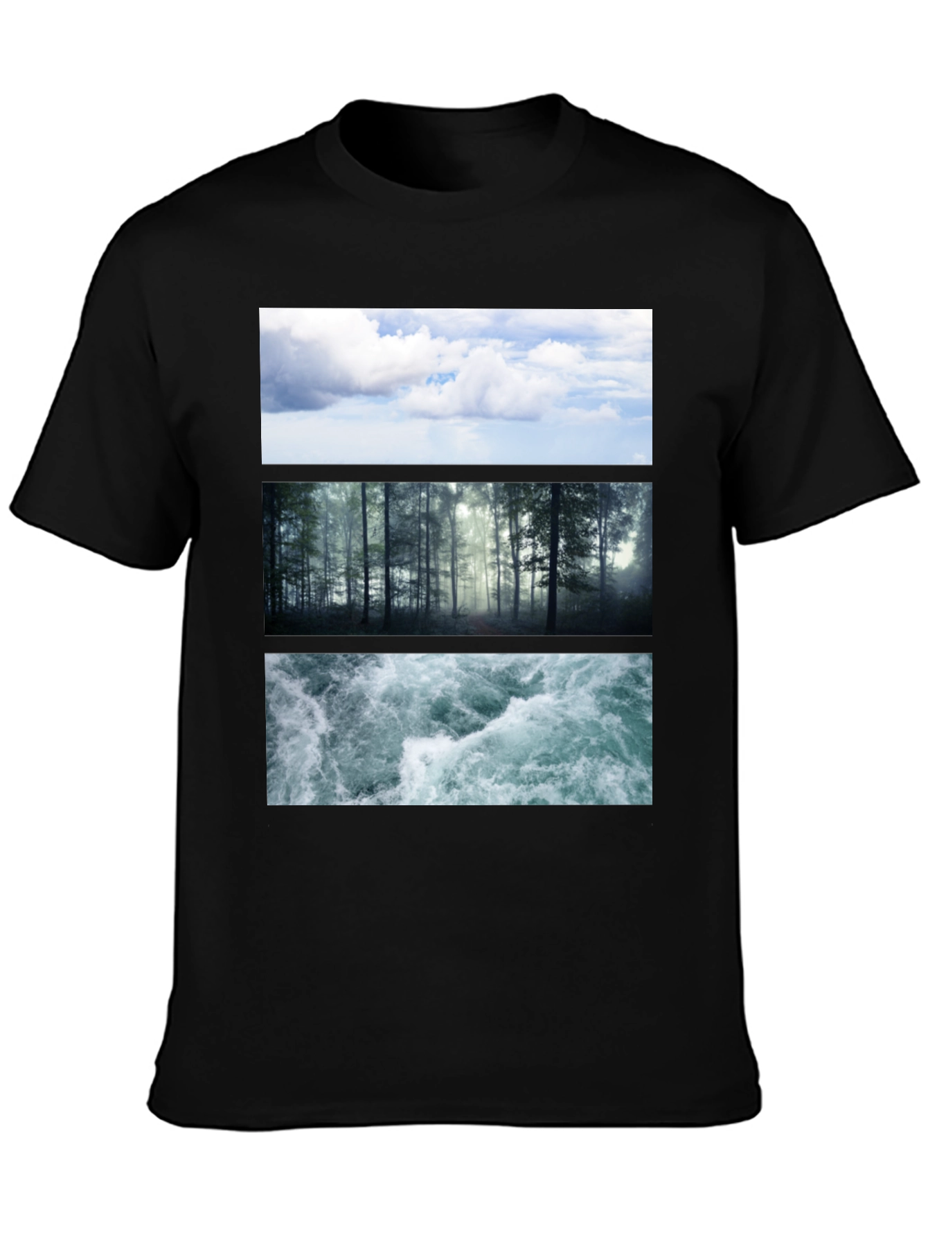 Black Nature Collage T-Shirt: Sky, Forest, Water Graphic Tee view 3