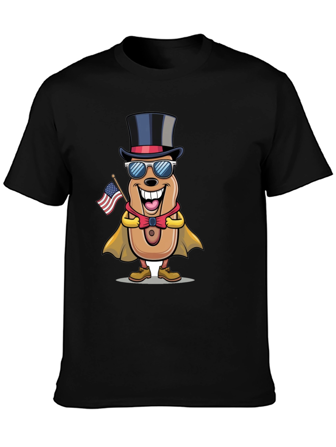 Black Patriotic Hot Dog Cartoon T-Shirt view 3