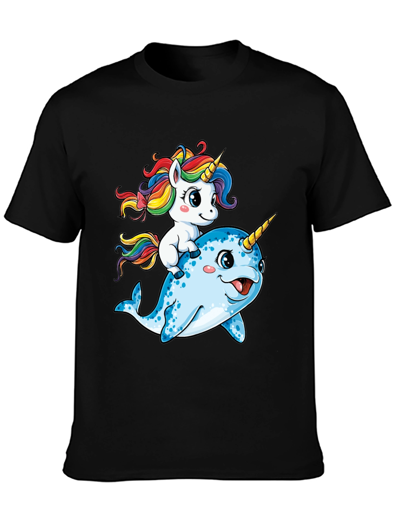 Black Unicorn Riding Narwhal T-Shirt view 3