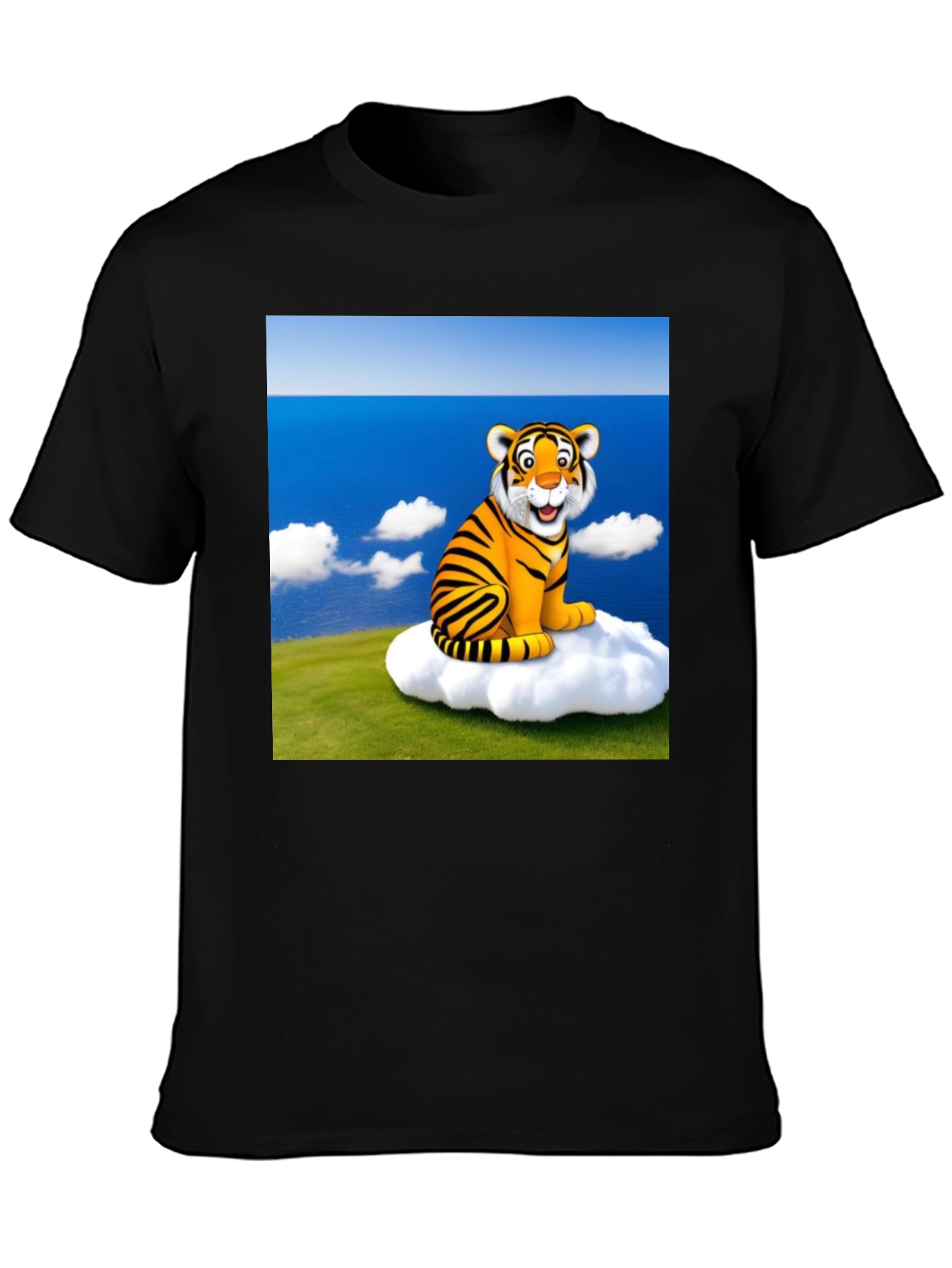 Black Cartoon Tiger on Cloud Black T-Shirt view 3