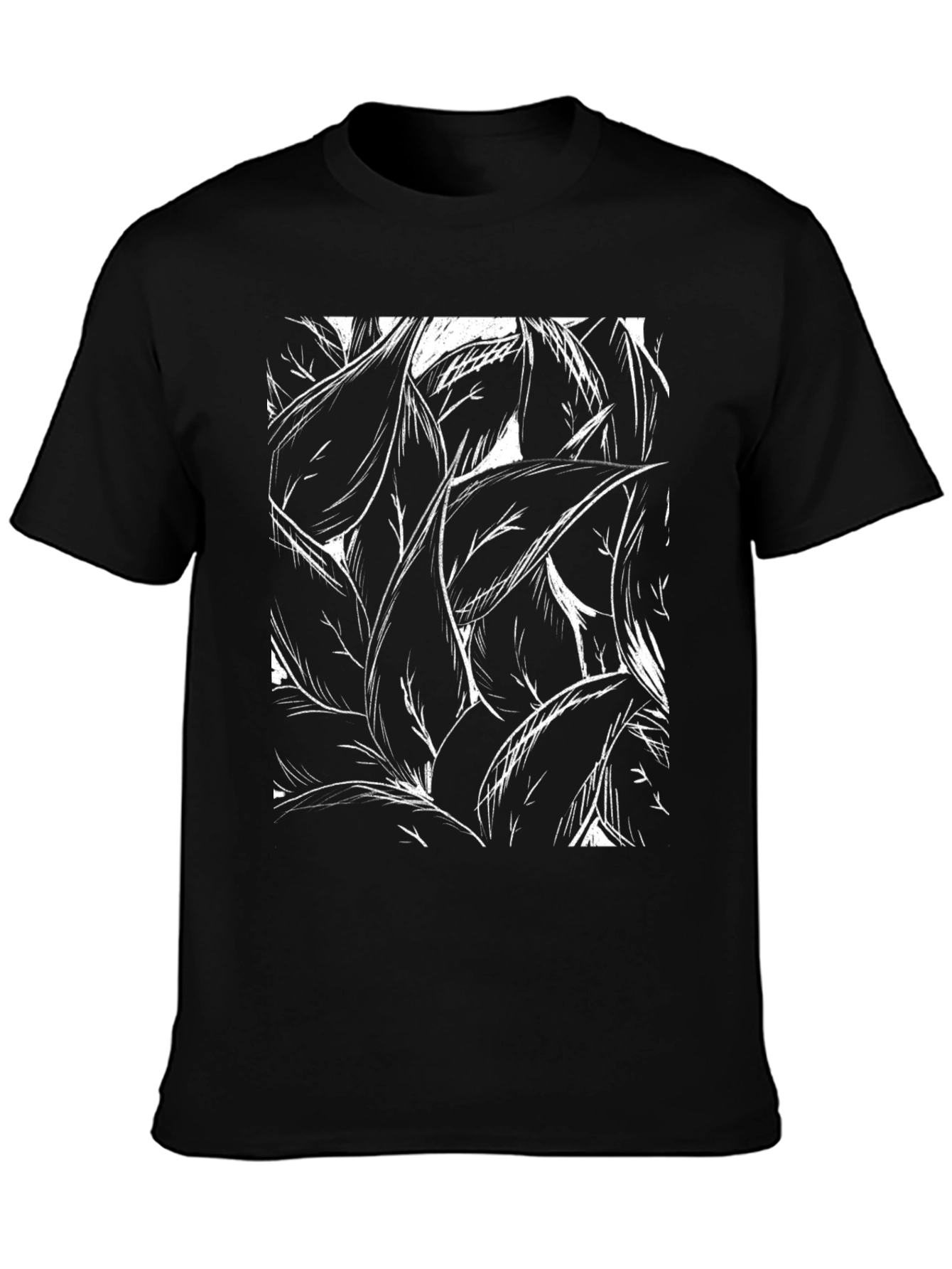 Black Abstract Leaf Print Black T-Shirt view 3
