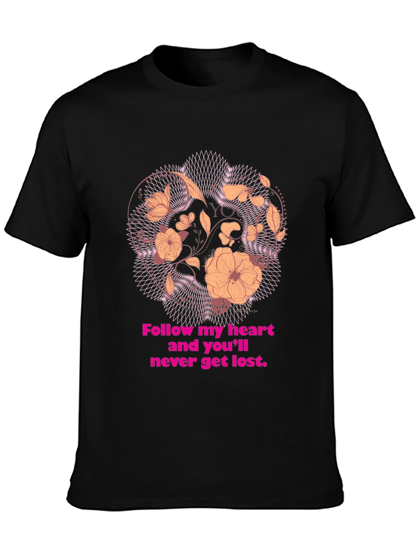 Black Floral Heart T-Shirt - Follow Your Heart Design view 3