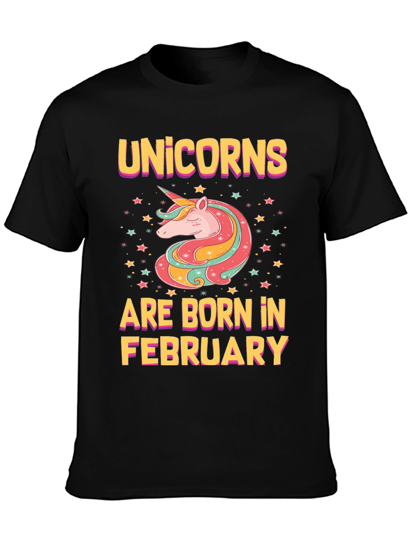 Black Unicorns Born in February Black T-Shirt view 3