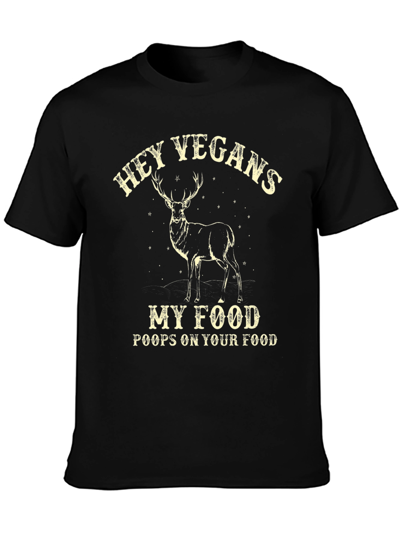 Black Hey Vegans T-Shirt - Deer 'Poops on Your Food' Black Cotton Tee view 3
