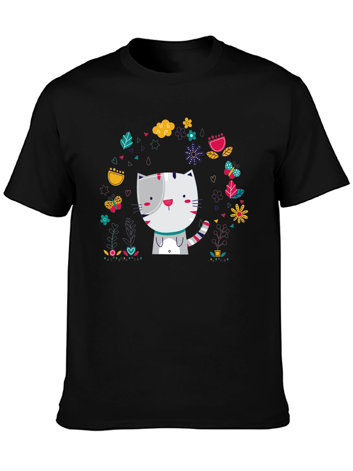 Black Cute Cat Floral Design Black T-Shirt view 3