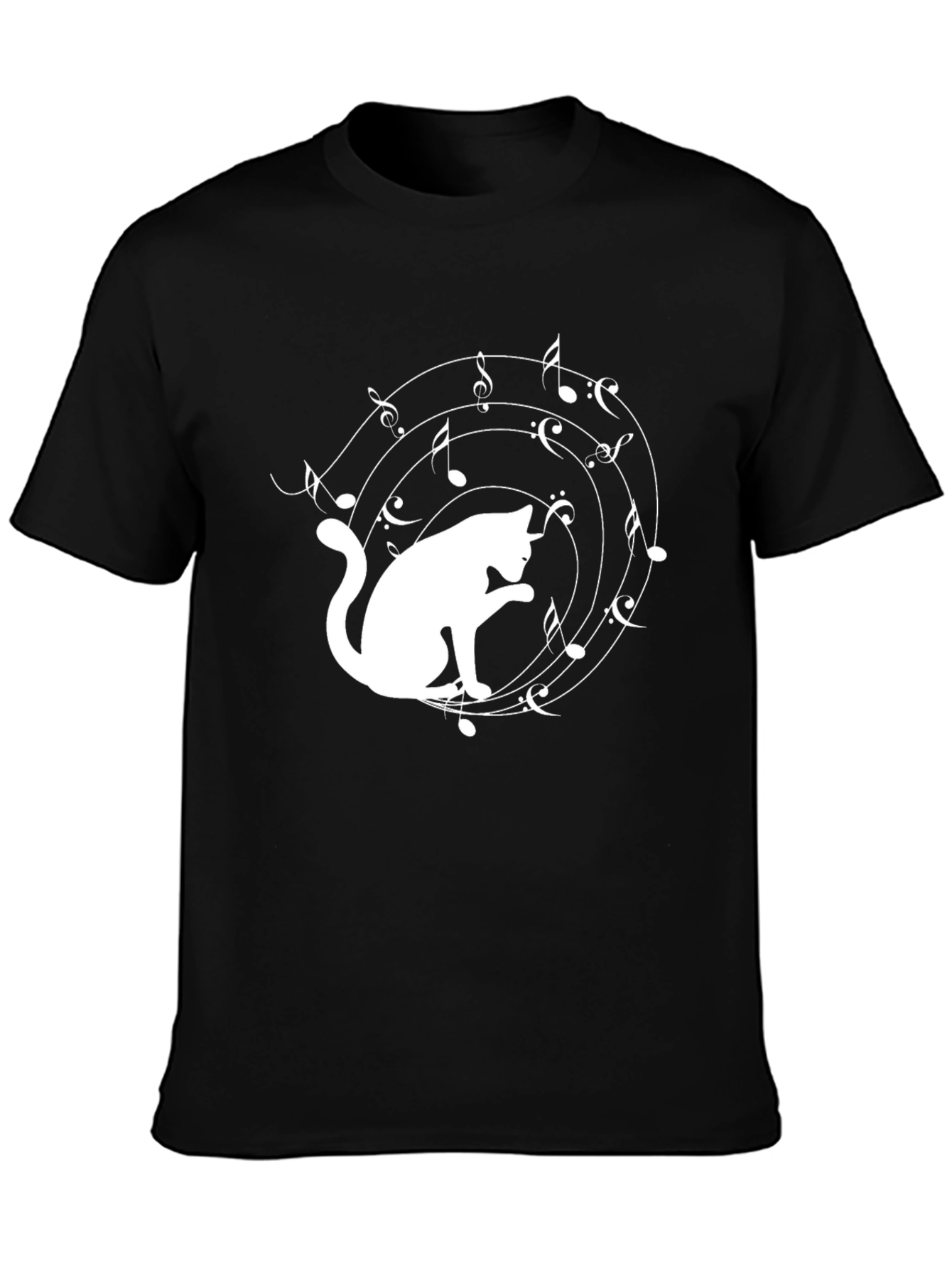 Black Cat Music Lover T-Shirt - Black Cotton Tee view 3