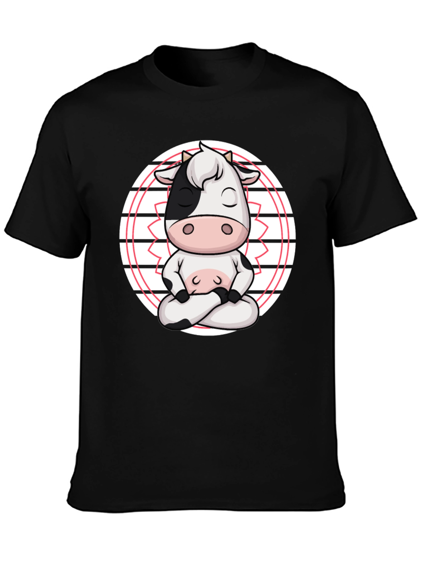 Black Zen Cow T-Shirt - Meditating Cartoon Animal Tee view 3