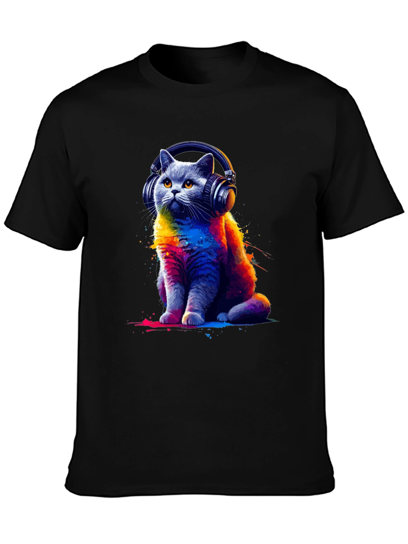 Black Cool Cat Headphones T-Shirt - Colorful Graphic Tee view 3
