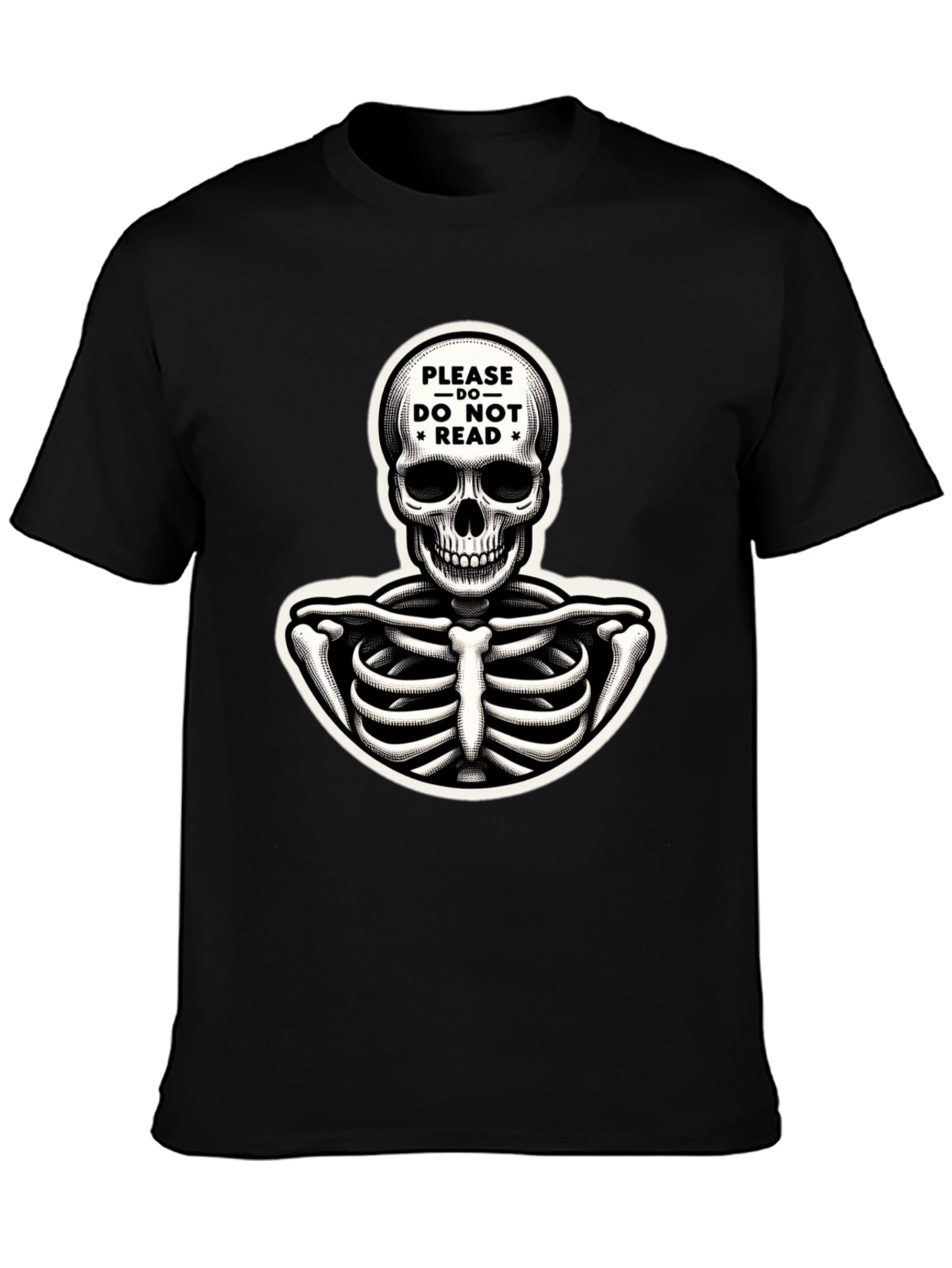 Black Humorous Skeleton Graphic Tee - "Please Do Not Read" view 3