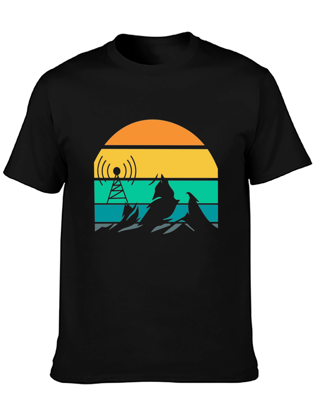 Black Retro Sunset Mountain Radio Tower T-Shirt view 3