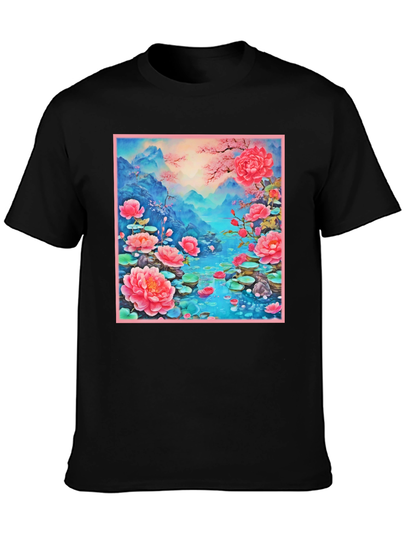 Black Floral Lotus Lake Graphic Tee - Unique Design view 3