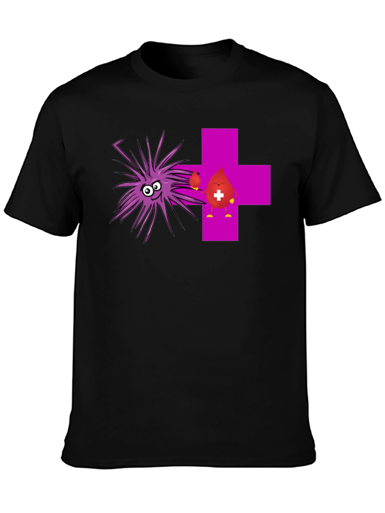 Black Funny Black T-Shirt with Cartoon Germs and Blood Drop view 3