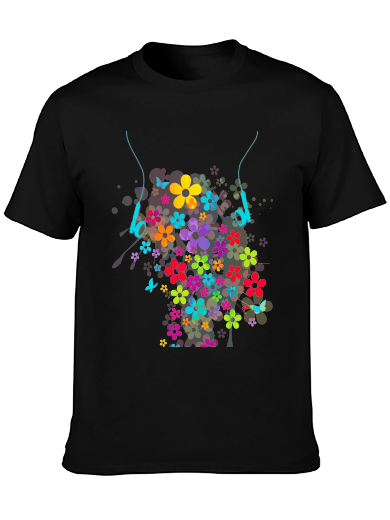 Black Floral Headphones Graphic T-Shirt view 3