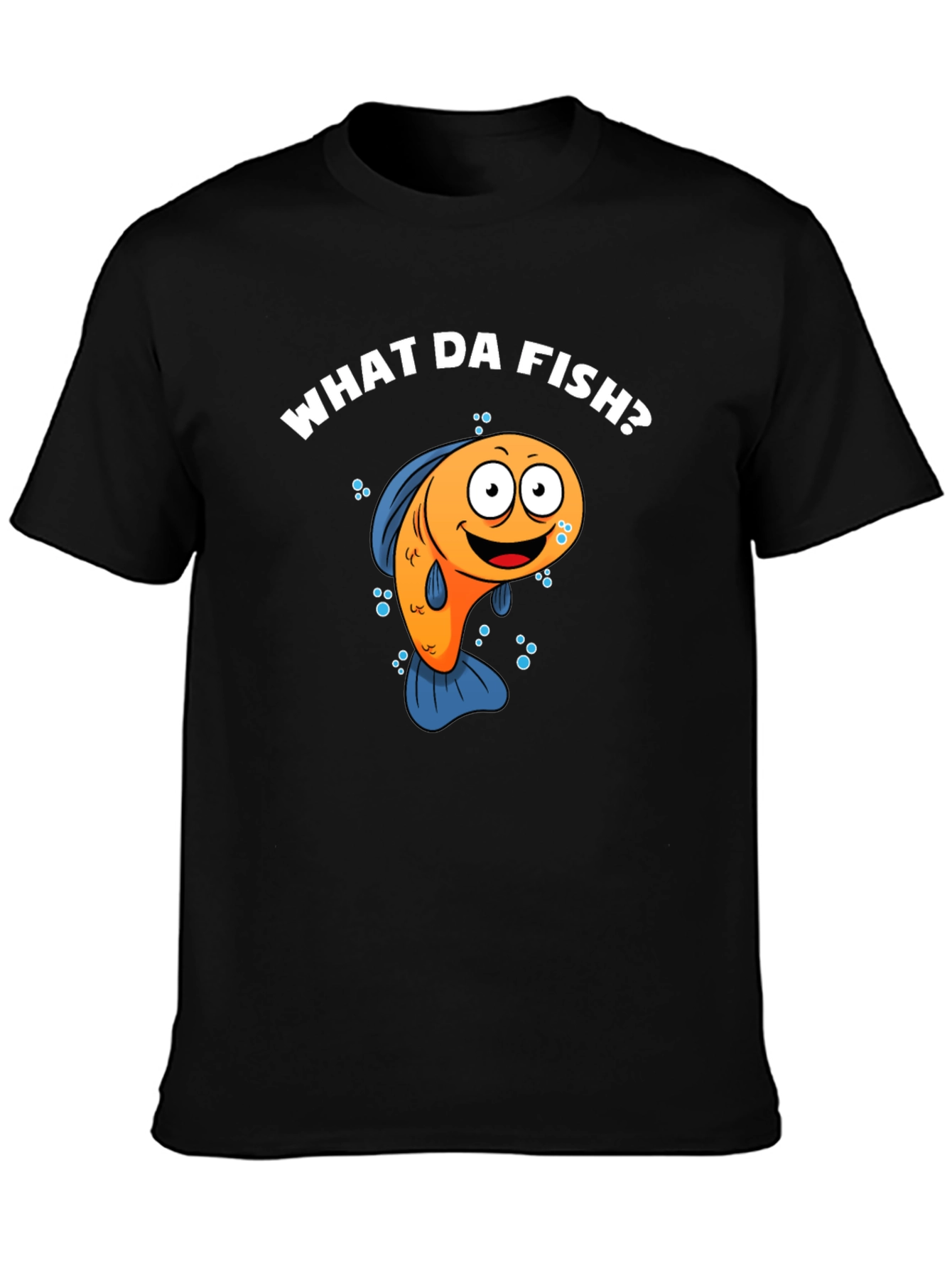 Black Funny What Da Fish? Cartoon Black T-Shirt view 3
