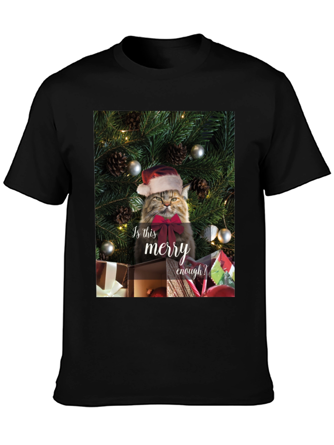Black Merry Cat Christmas T-Shirt - Holiday Humor view 3