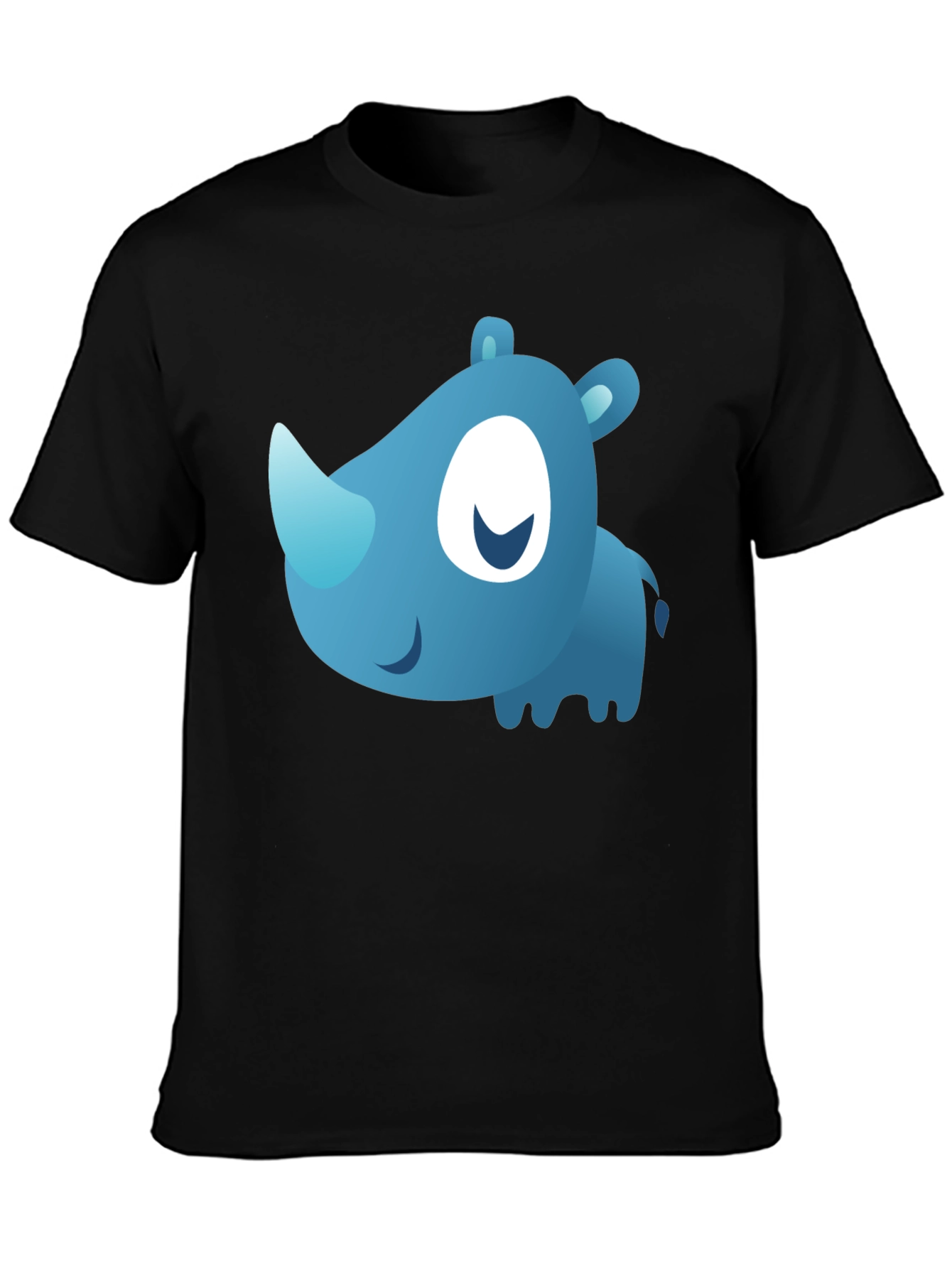 Black Cute Blue Cartoon Rhino Black T-Shirt view 3