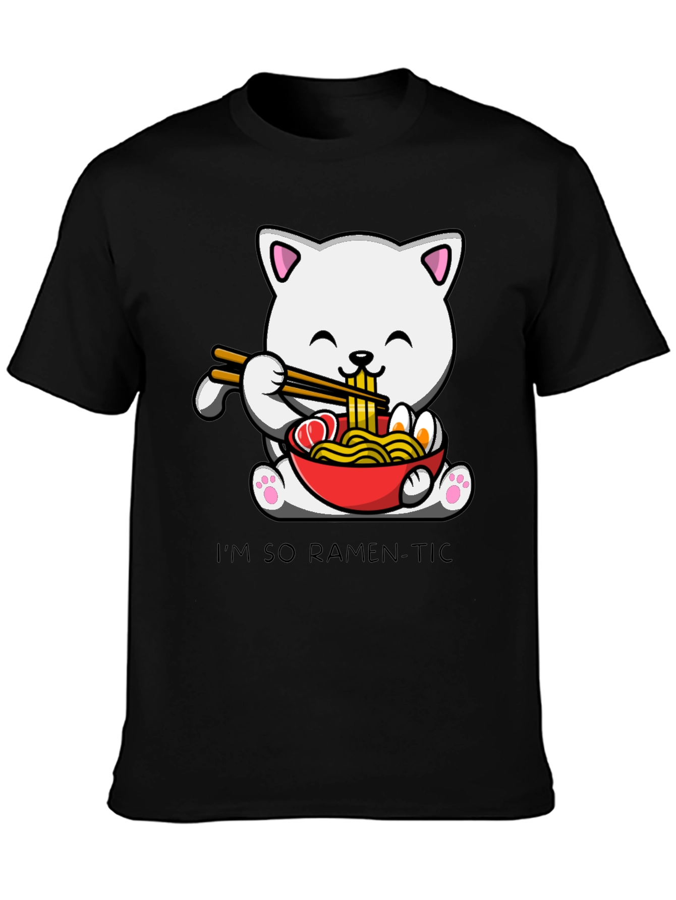 Black Ramen Cat T-Shirt - "I'm So Ramen-Tic" Graphic Tee view 3