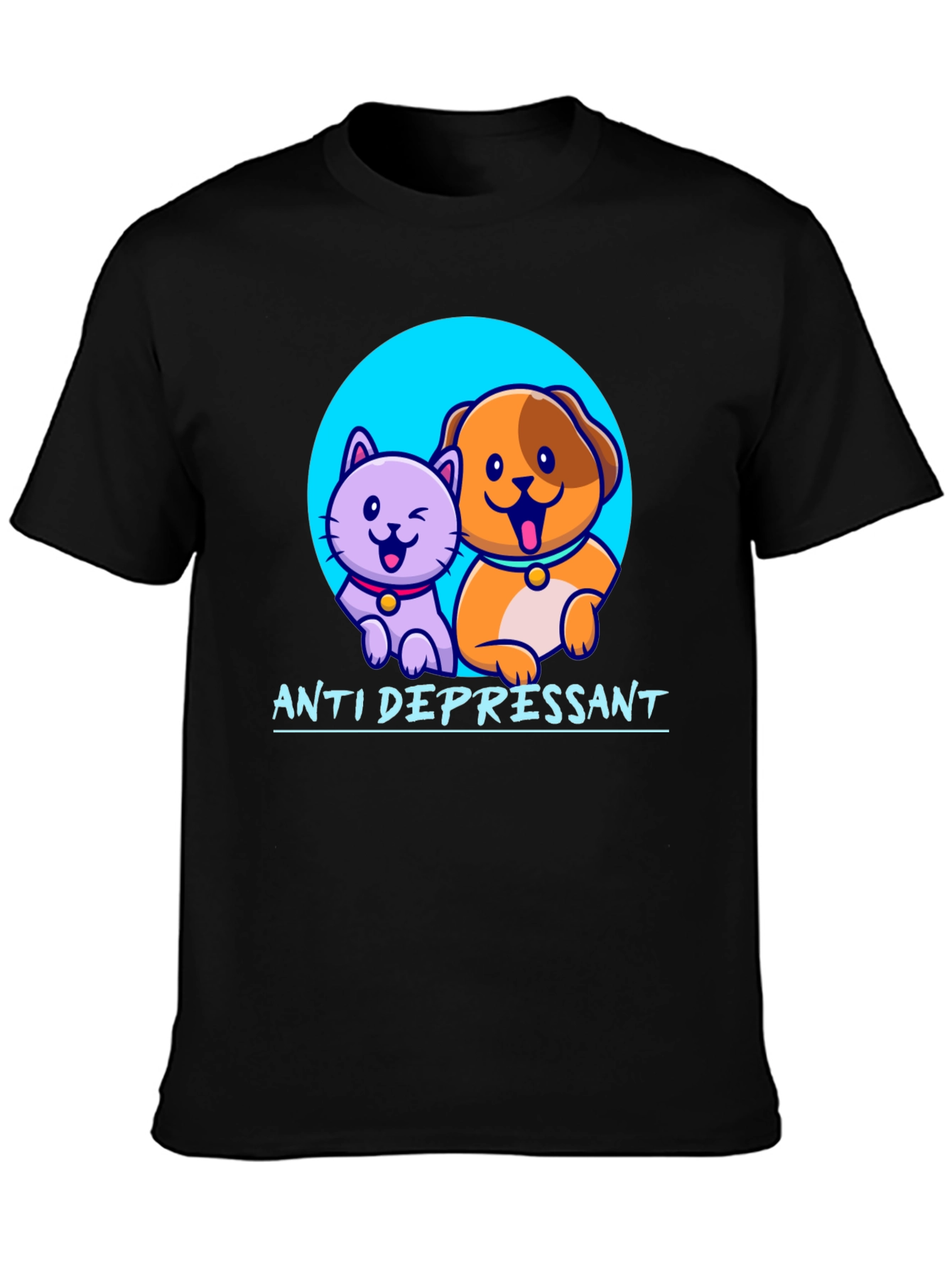 Black Anti Depressant Cat and Dog Graphic T-Shirt view 3