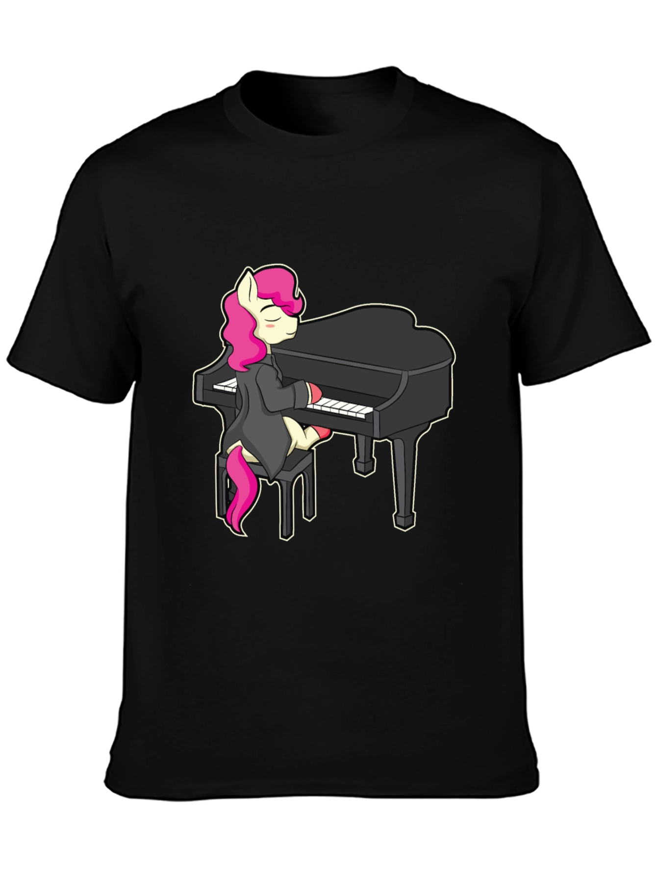 Black Pony Playing Piano T-Shirt - Cute Cartoon Design view 3