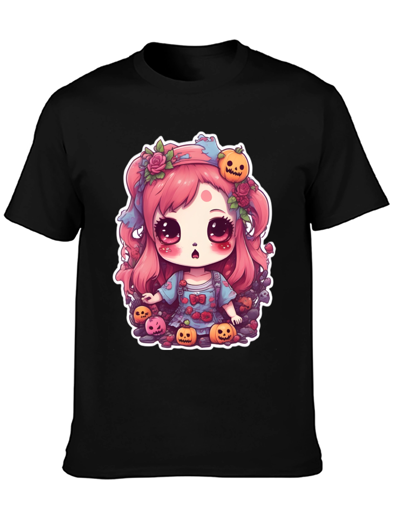 Black Kawaii Halloween Girl Black T-Shirt view 3