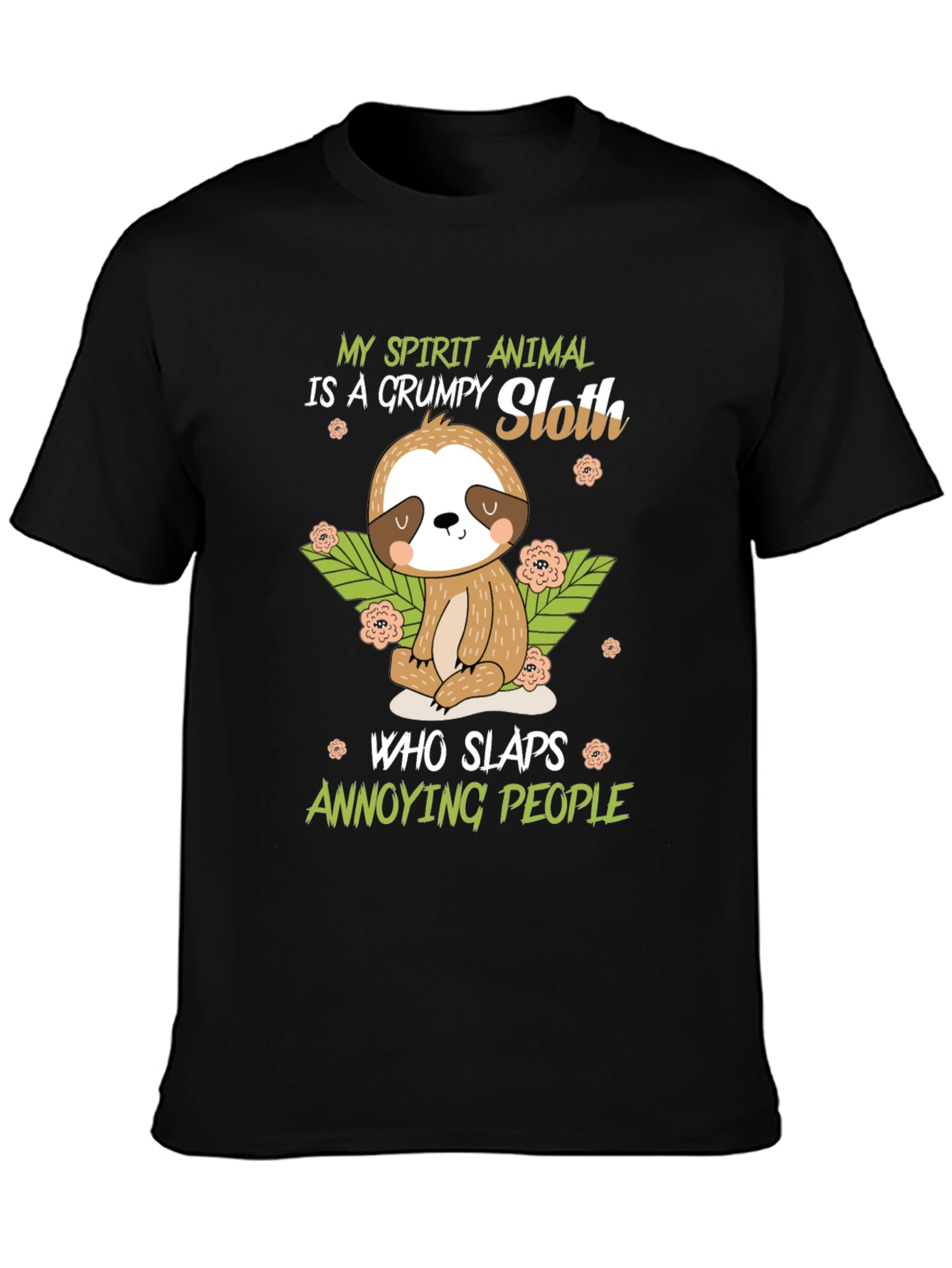 Black Grumpy Sloth Spirit Animal Black T-Shirt view 3