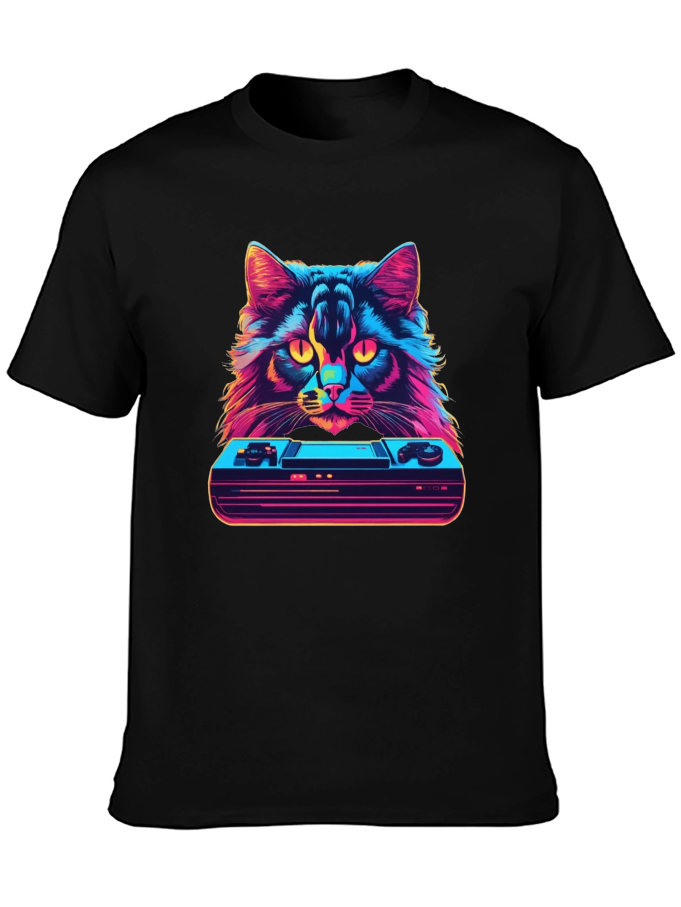 Black Retro Cat Gamer T-Shirt - Vintage Console Design view 3